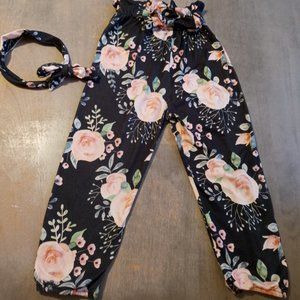 Shein Floral Print Waist Bow Pants With Matching Headband